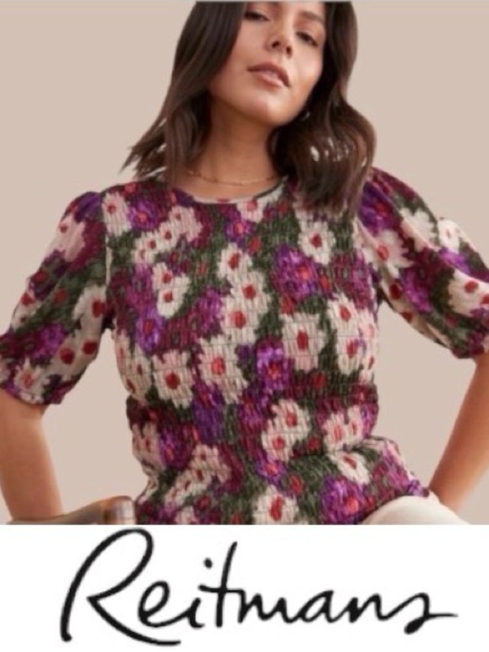3X Reitman’s Smocked Printed Blouse with Short Sleeves